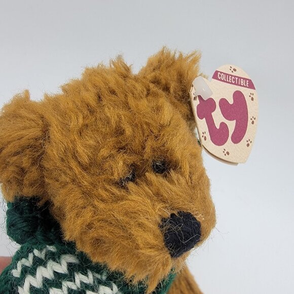TY‎ Mason Teddy Bear Plush Dark Brown Jointed 8" Green Sweater NWT - Picture 2 of 4